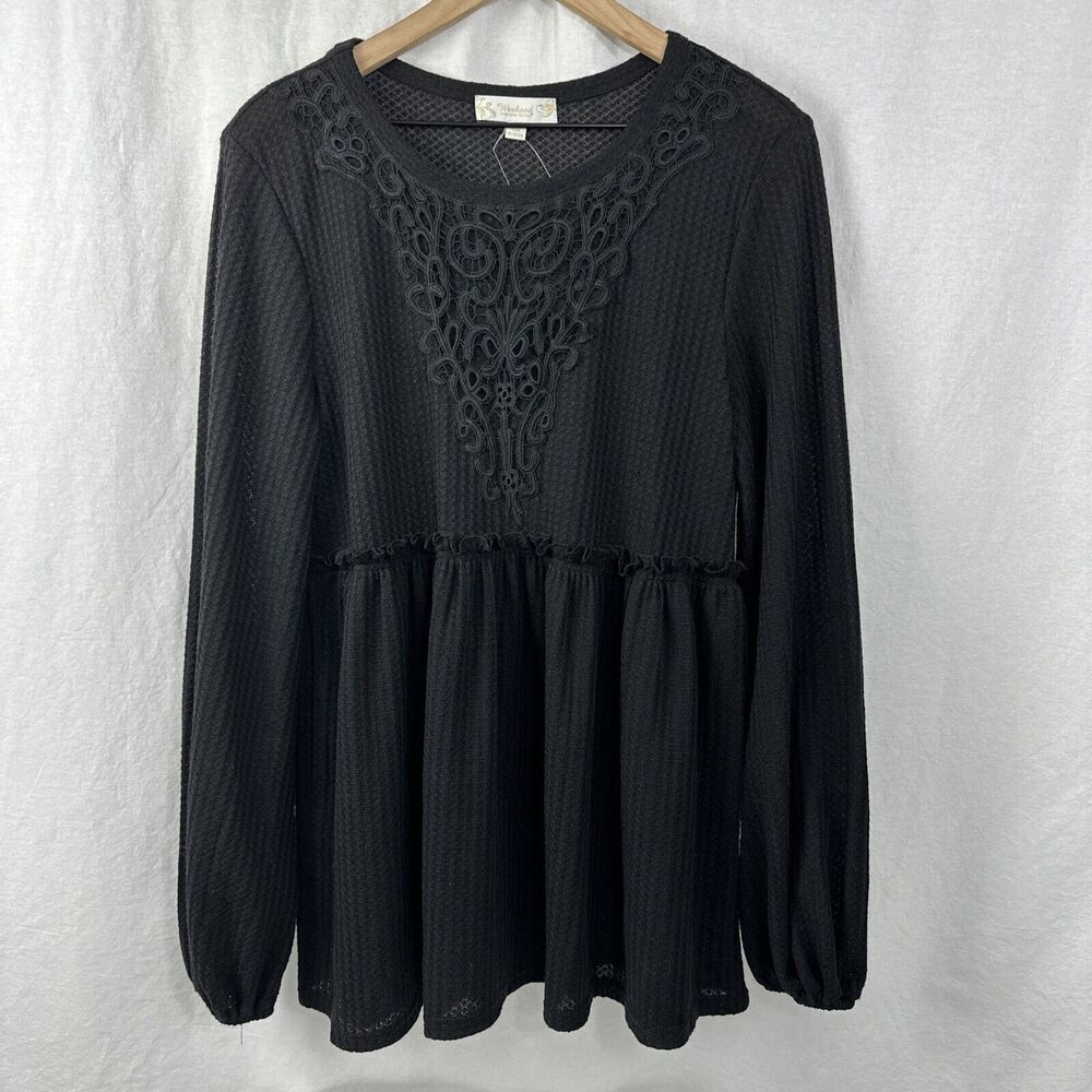 Weekend Susan Betro Waffleknit Black Crochet Lace Balloon Sleeve Top Womens L